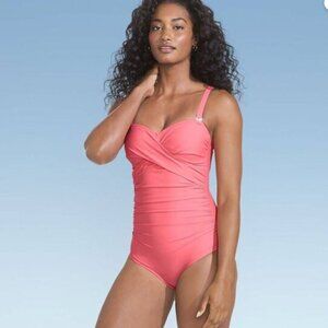 Lands' End Coral Shirred FullCoverage One-Piece Swimsuit Sz Small 6/8